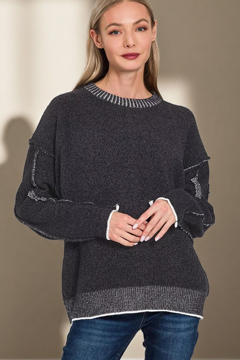 Exposed Seam Round Neck Two-Tone Sweater